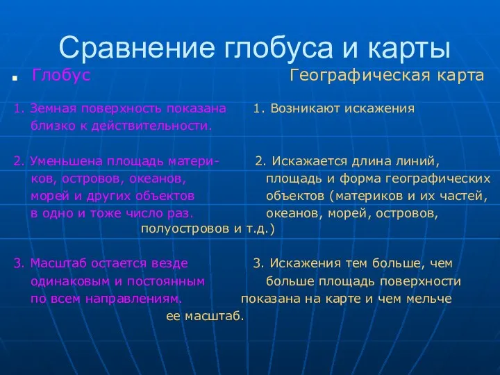 Сравнение глобуса и карты Глобус Географическая карта 1. Земная поверхность