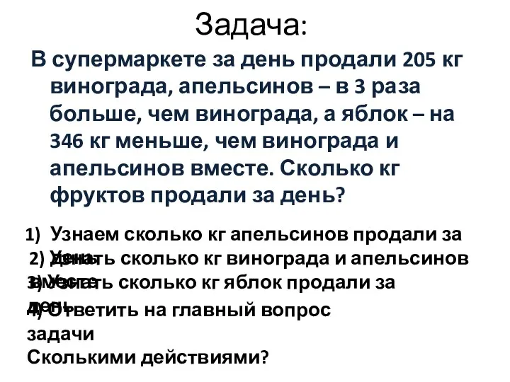 Задача: В супермаркете за день продали 205 кг винограда, апельсинов