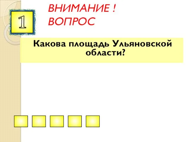 ВНИМАНИЕ ! ВОПРОС Какова площадь Ульяновской области? 1 Правильный ответ 37,3 тысяч кв.