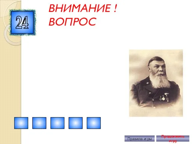 ВНИМАНИЕ ! ВОПРОС 24 Правила игры Продолжить игру Правильный ответ Яковлев Иван Яковлевич