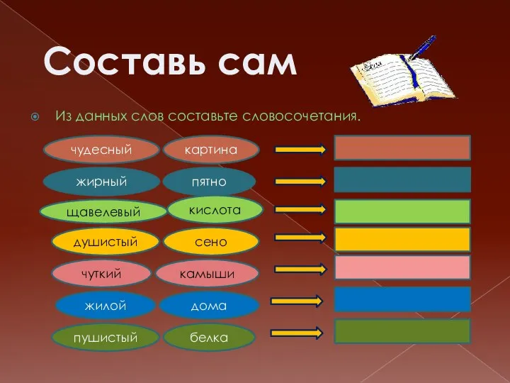 Из данных слов составьте словосочетания. Составь сам чудесный картина жирный