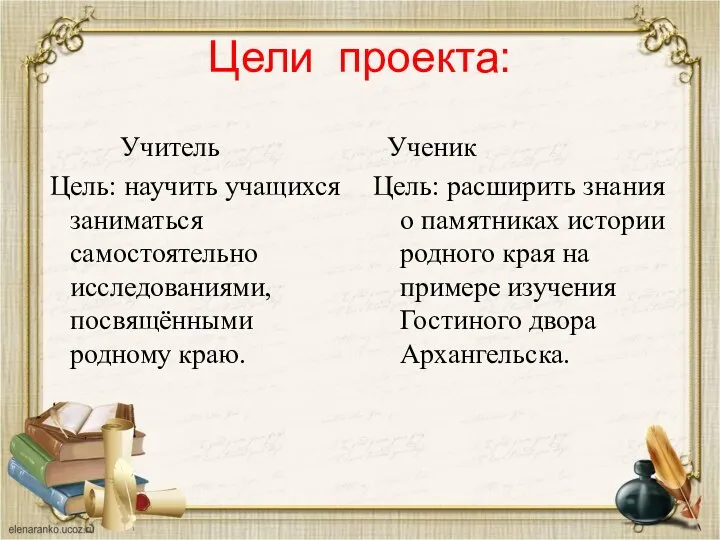 Цели проекта: Учитель Цель: научить учащихся заниматься самостоятельно исследованиями, посвящёнными