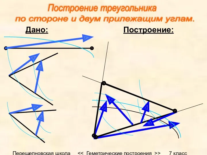 Перещепновская школа > 7 класс Дано: Построение: Построение треугольника по стороне и двум прилежащим углам.