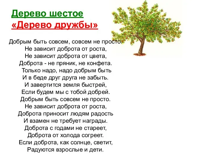 Дерево шестое «Дерево дружбы» Добрым быть совсем, совсем не просто. Не зависит доброта