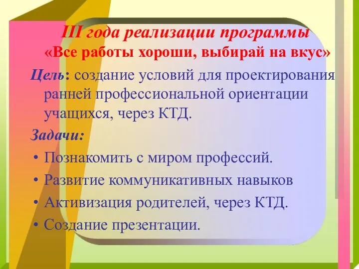 III года реализации программы «Все работы хороши, выбирай на вкус»