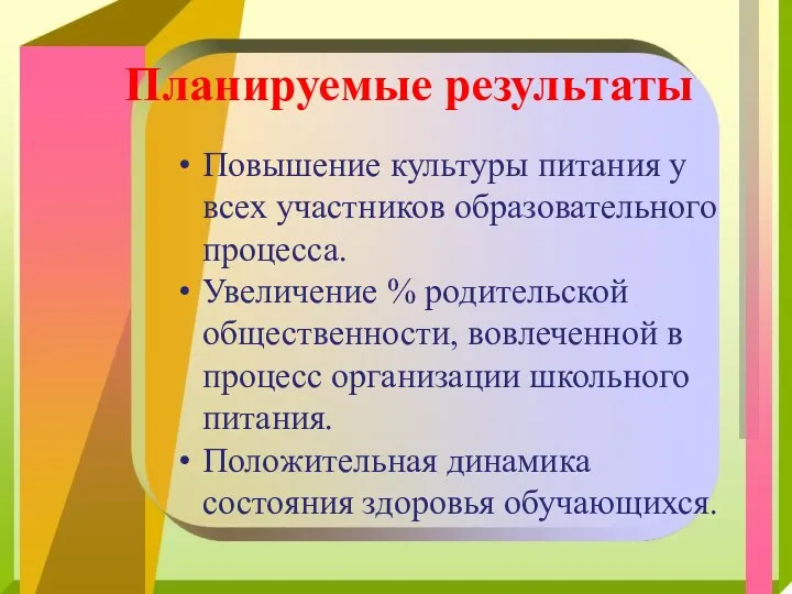 Планируемые результаты Повышение культуры питания у всех участников образовательного процесса.