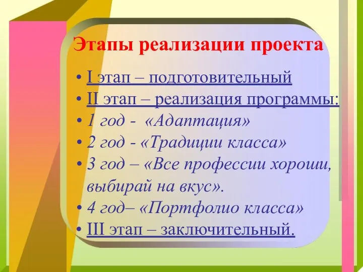 Этапы реализации проекта I этап – подготовительный II этап –