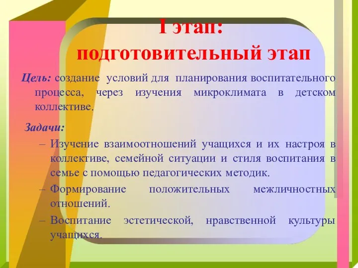 I этап: подготовительный этап Цель: создание условий для планирования воспитательного