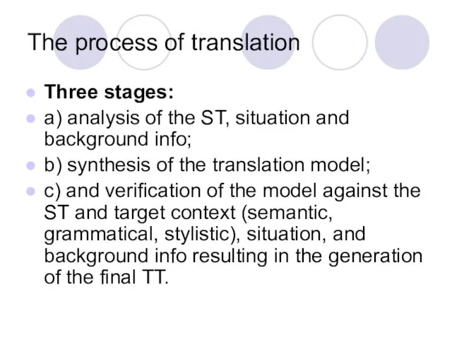 The process of translation Three stages: a) analysis of the ST, situation and