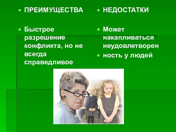 ПРЕИМУЩЕСТВА Быстрое разрешение конфликта, но не всегда справедливое НЕДОСТАТКИ Может накапливаться неудовлетворен ность у людей