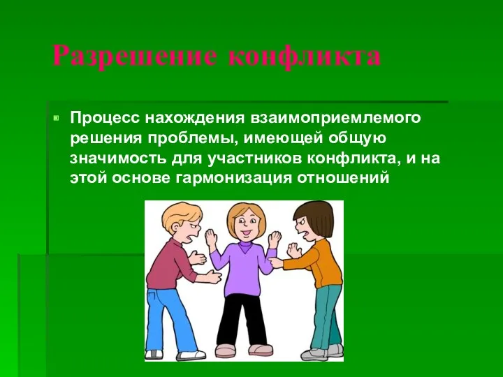 Разрешение конфликта Процесс нахождения взаимоприемлемого решения проблемы, имеющей общую значимость