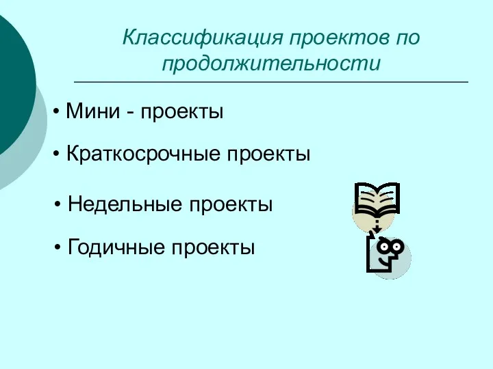 Классификация проектов по продолжительности Мини - проекты Краткосрочные проекты Недельные проекты Годичные проекты