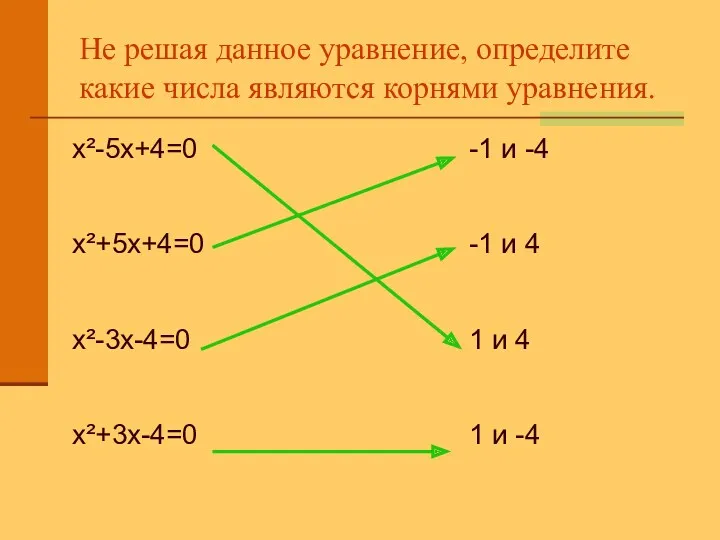 Не решая данное уравнение, определите какие числа являются корнями уравнения. х²-5х+4=0 х²+5х+4=0 х²-3х-4=0