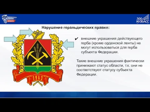 Нарушение геральдических правил: внешние украшения действующего герба (кроме орденской ленты) не могут использоваться