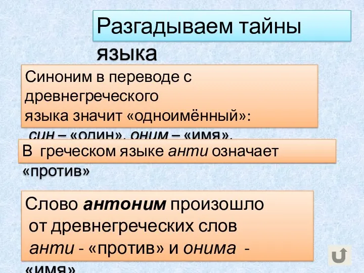 Разгадываем тайны языка Слово антоним произошло от древнегреческих слов анти