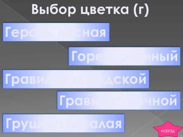 Выбор цветка (г) Герань лесная Горец змеиный Гравилат городской Гравилат речной Грушанка малая назад