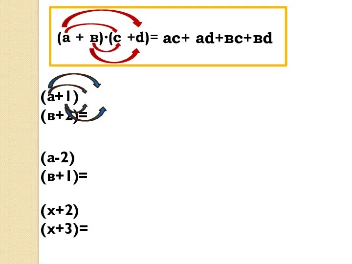 (а+1) (в+2)= (а + в)∙(с +d)= ac+ ad+вc+вd (а-2) (в+1)= (х+2) (х+3)=