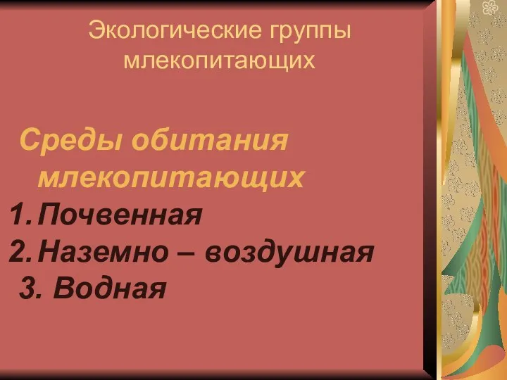 Экологические группы млекопитающих Среды обитания млекопитающих Почвенная Наземно – воздушная 3. Водная