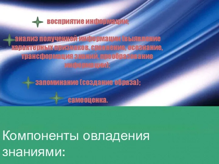 Компоненты овладения знаниями: восприятие информации; анализ полученной информации (выявление характерных