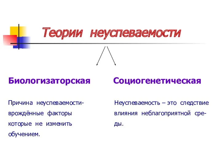 Теории неуспеваемости Биологизаторская Социогенетическая Причина неуспеваемости- Неуспеваемость – это следствие