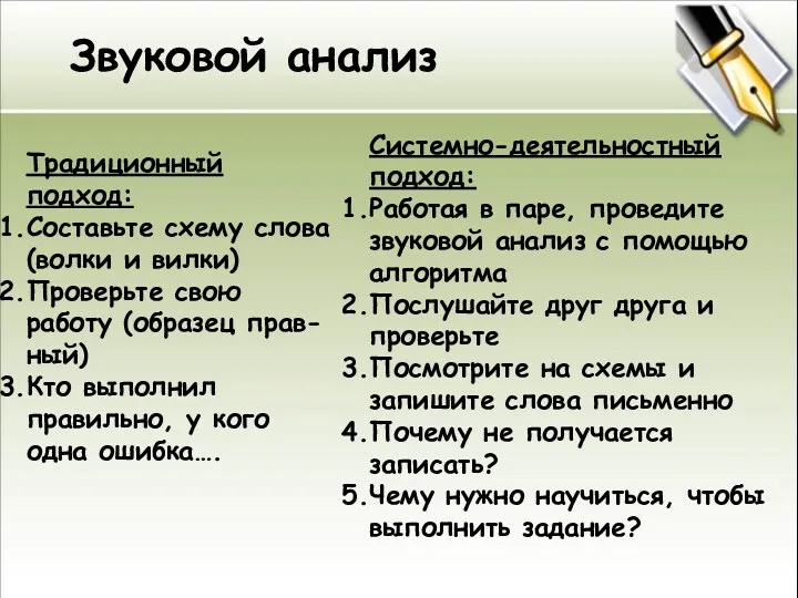 Звуковой анализ Традиционный подход: Составьте схему слова(волки и вилки) Проверьте