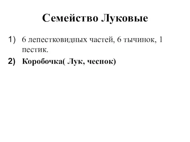 Семейство Луковые 6 лепестковидных частей, 6 тычинок, 1 пестик. Коробочка( Лук, чеснок)