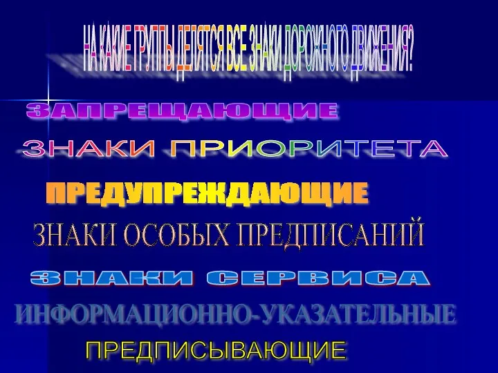 НА КАКИЕ ГРУППЫ ДЕЛЯТСЯ ВСЕ ЗНАКИ ДОРОЖНОГО ДВИЖЕНИЯ? ЗАПРЕЩАЮЩИЕ ПРЕДУПРЕЖДАЮЩИЕ