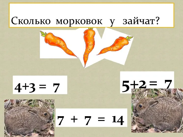 Сколько морковок у зайчат? 4+3 5+2 = 7 = 7 7 + 7 = 14