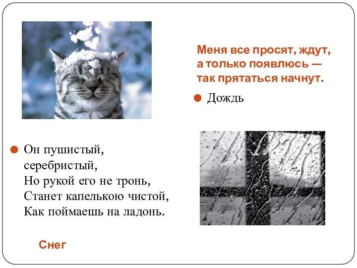 Снег Меня все просят, ждут, а только появлюсь — так прятаться начнут. Он