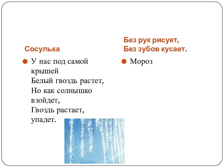 Сосулька Без рук рисует, Без зубов кусает. У нас под самой крышей Белый