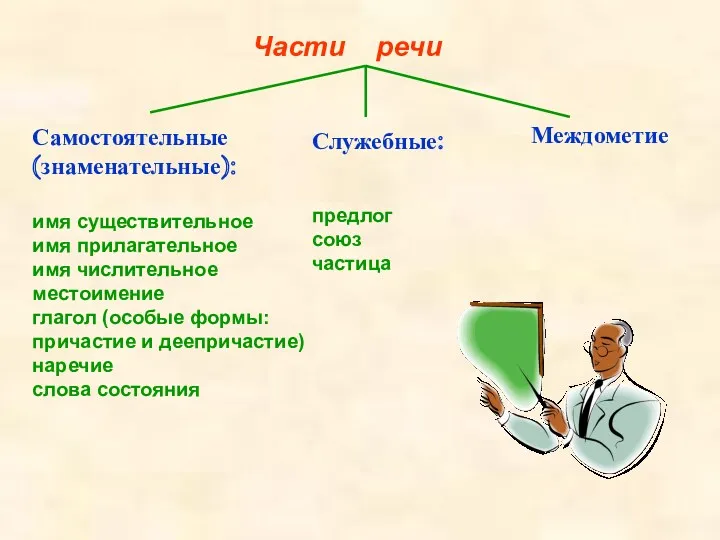 Части речи Самостоятельные (знаменательные): имя существительное имя прилагательное имя числительное