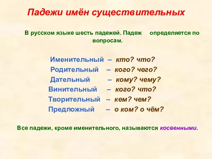 Падежи имён существительных В русском языке шесть падежей. Падеж определяется