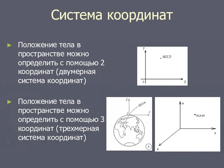 Система координат Положение тела в пространстве можно определить с помощью