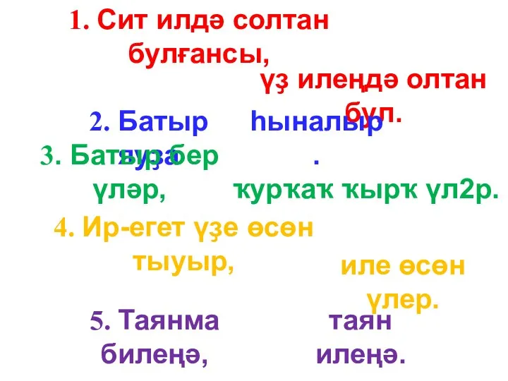 1. Сит илдә солтан булғансы, үҙ илеңдә олтан бул. 2.