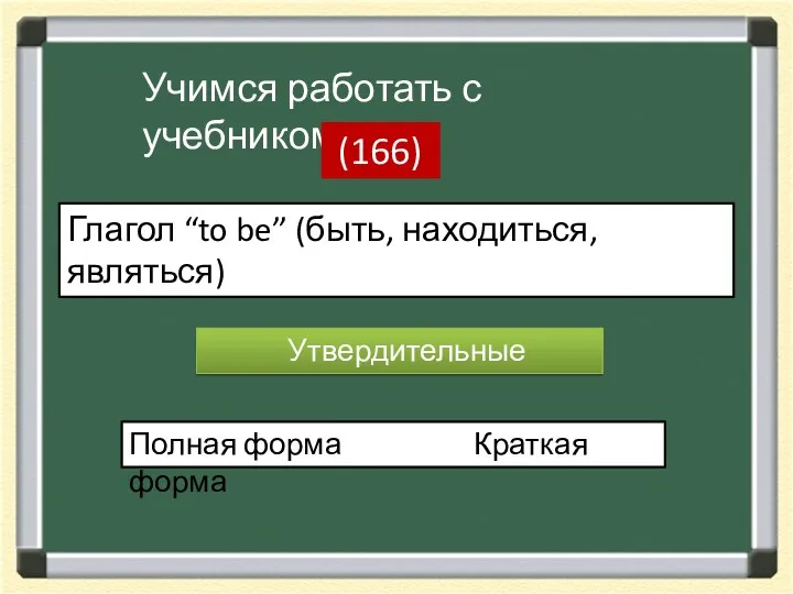 Учимся работать с учебником! Глагол “to be” (быть, находиться, являться) Утвердительные Полная форма Краткая форма (166)