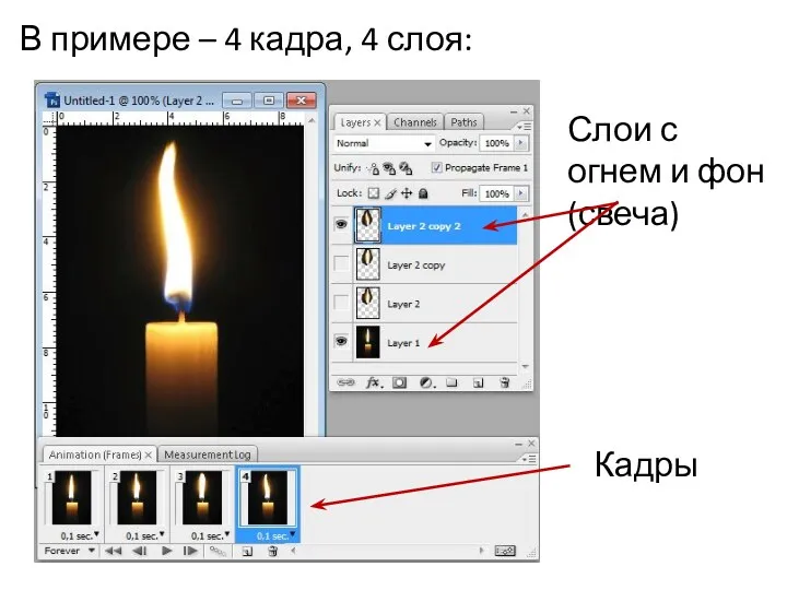 В примере – 4 кадра, 4 слоя: Слои с огнем и фон (свеча) Кадры
