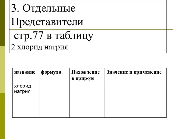 3. Отдельные Представители стр.77 в таблицу 2 хлорид натрия