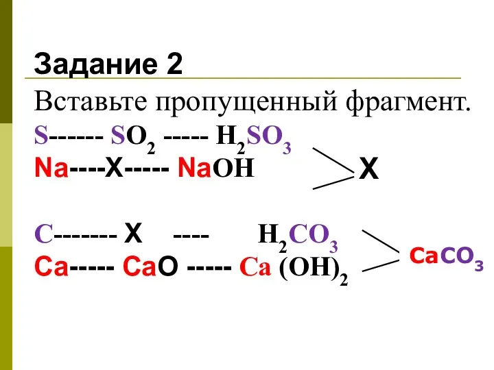 Задание 2 Вставьте пропущенный фрагмент. S------ SО2 ----- H2SO3 Na----Х-----