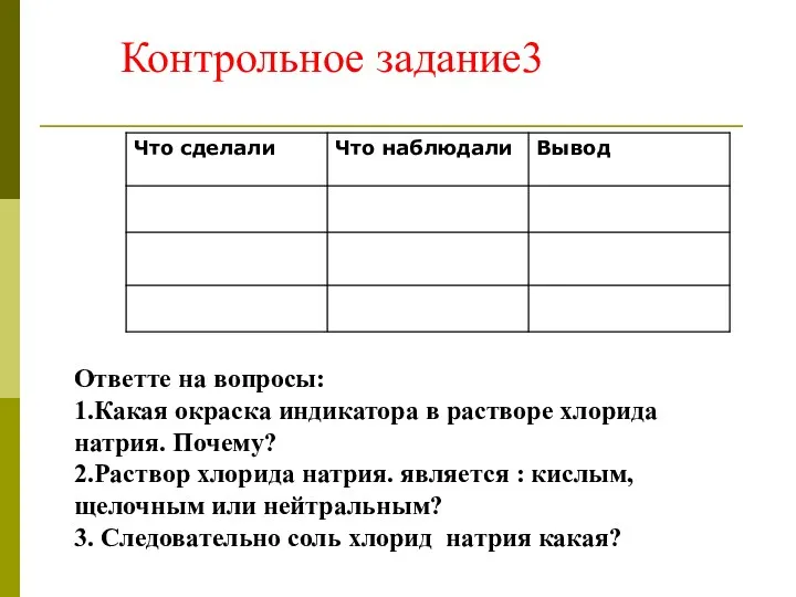 Контрольное задание3 Ответте на вопросы: 1.Какая окраска индикатора в растворе