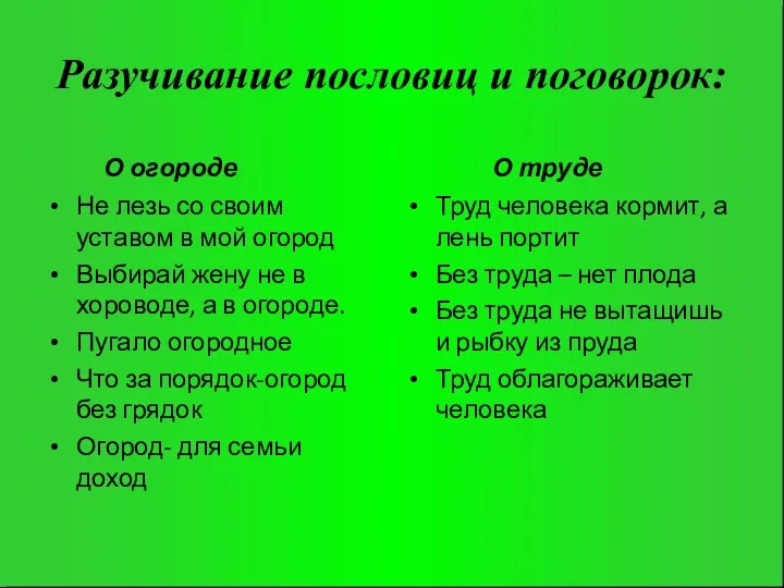 Разучивание пословиц и поговорок: О огороде Не лезь со своим