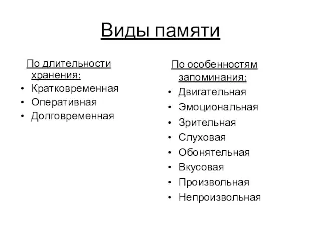 Виды памяти По длительности хранения: Кратковременная Оперативная Долговременная По особенностям запоминания: Двигательная Эмоциональная