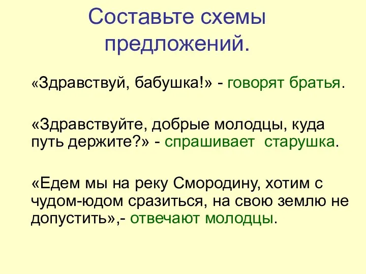 Составьте схемы предложений. «Здравствуй, бабушка!» - говорят братья. «Здравствуйте, добрые