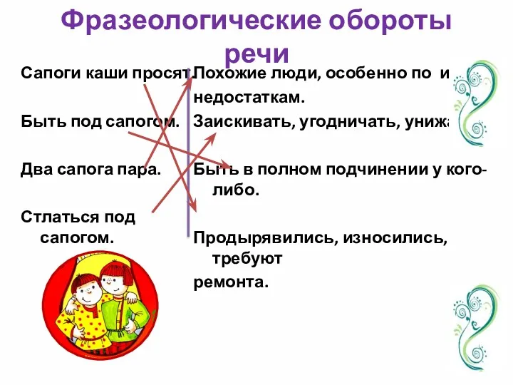 Фразеологические обороты речи Сапоги каши просят. Быть под сапогом. Два