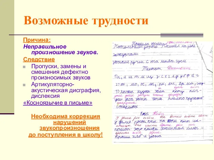 Возможные трудности Причина: Неправильное произношение звуков. Следствие Пропуски, замены и