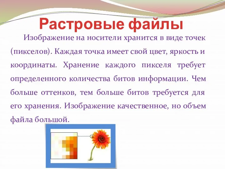 Растровые файлы Изображение на носители хранится в виде точек (пикселов).