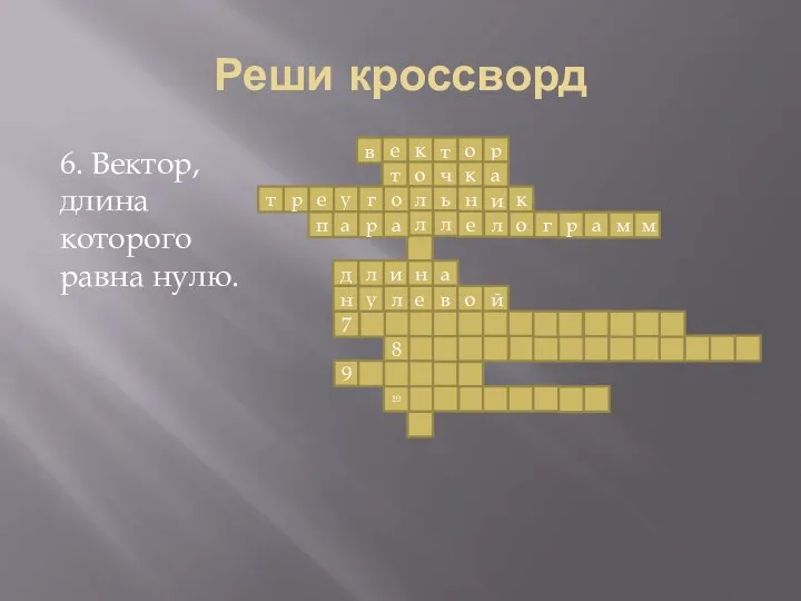 Реши кроссворд 6. Вектор, длина которого равна нулю. к о л л н