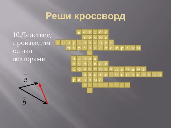 Реши кроссворд 10.Действие, производимое над векторами к о л л н е а