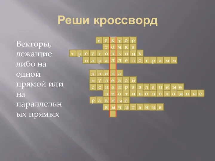 Реши кроссворд Векторы, лежащие либо на одной прямой или на