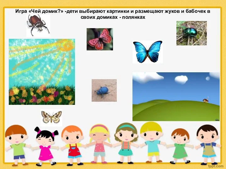 Игра «Чей домик?» -дети выбирают картинки и размещают жуков и бабочек в своих домиках - полянках