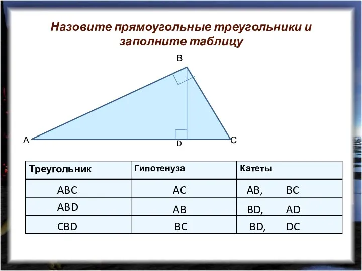 Назовите прямоугольные треугольники и заполните таблицу ABC ABD CBD AC AB BC AB,